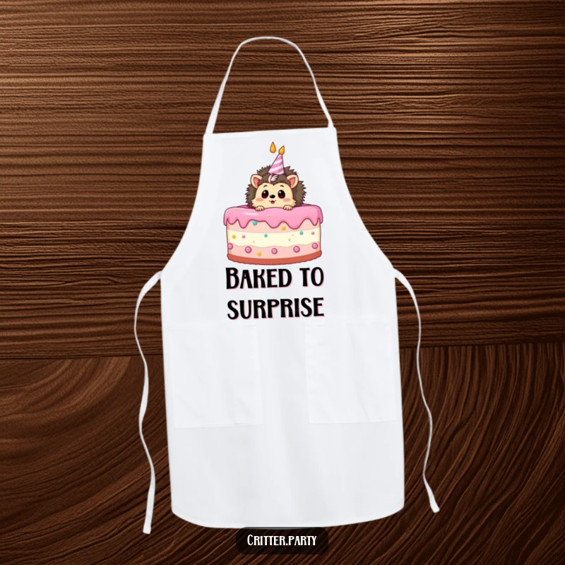 Funny apron featuring a curious hedgehog peeking out from a birthday cake, ready for a surprise baking session.
