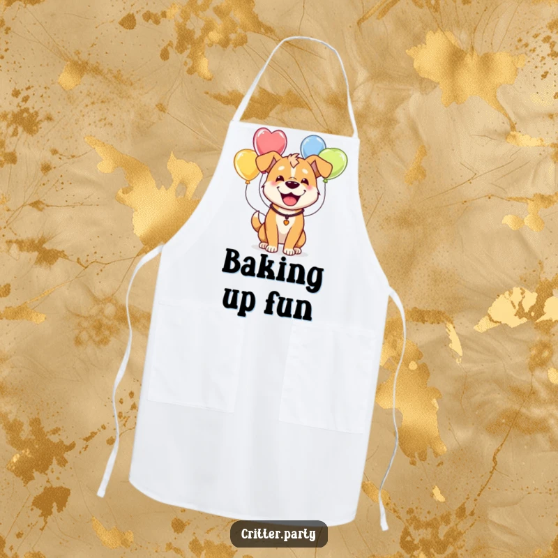 Funny apron with a happy dog humorously wearing a string of balloons, perfect for a playful cook or baker.