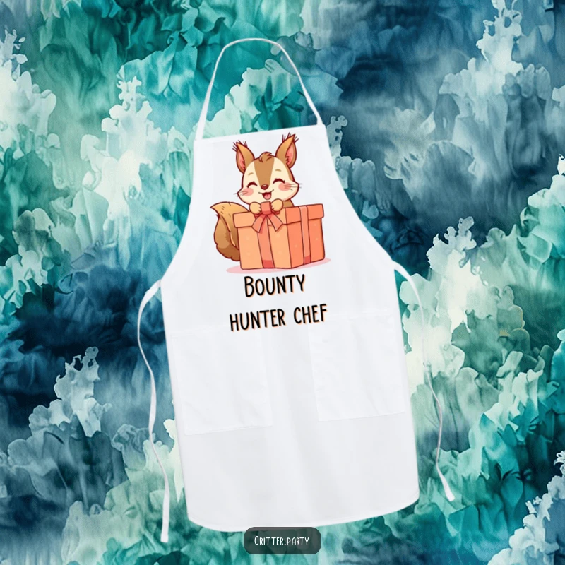 Funny squirrel apron with a cute character gleefully unwrapping a large present, making cooking a delightful and humorous experience.