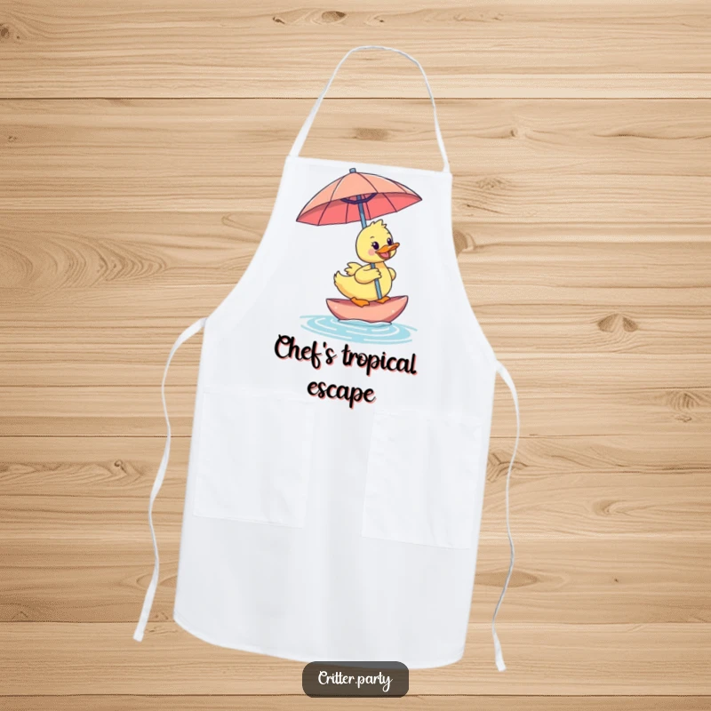 Funny duckling apron with a happy duckling riding an oversized cocktail umbrella, bringing tropical humor and charm to the kitchen.
