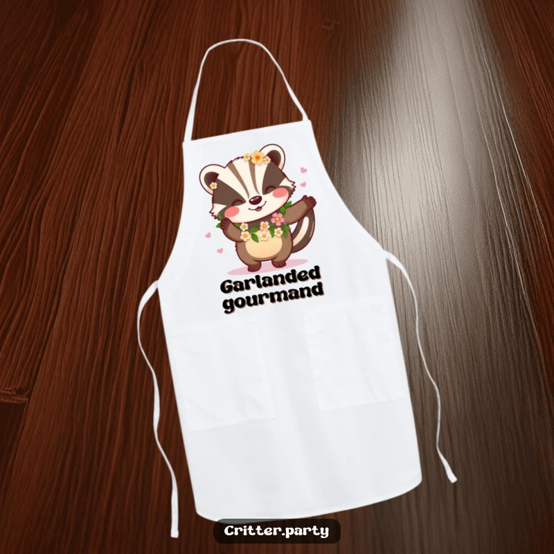 Funny kitchen apron with a happy badger wearing a flower garland and dancing, perfect for garden enthusiasts and cooks.