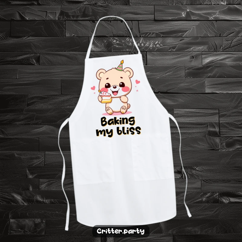 Funny bear cake apron showing a perky bear character gleefully holding a slice of festive cake, perfect for kitchen fun.