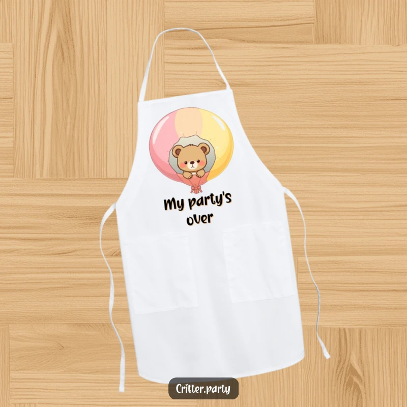 Funny kitchen apron with a curious bear cub peeking from a popped balloon, durable and humorous for cooking.