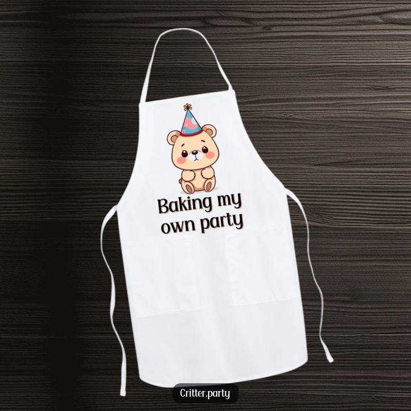 Funny bear apron with a small, crooked party hat, depicting the bear's curious and funny struggle with festive headwear while cooking.