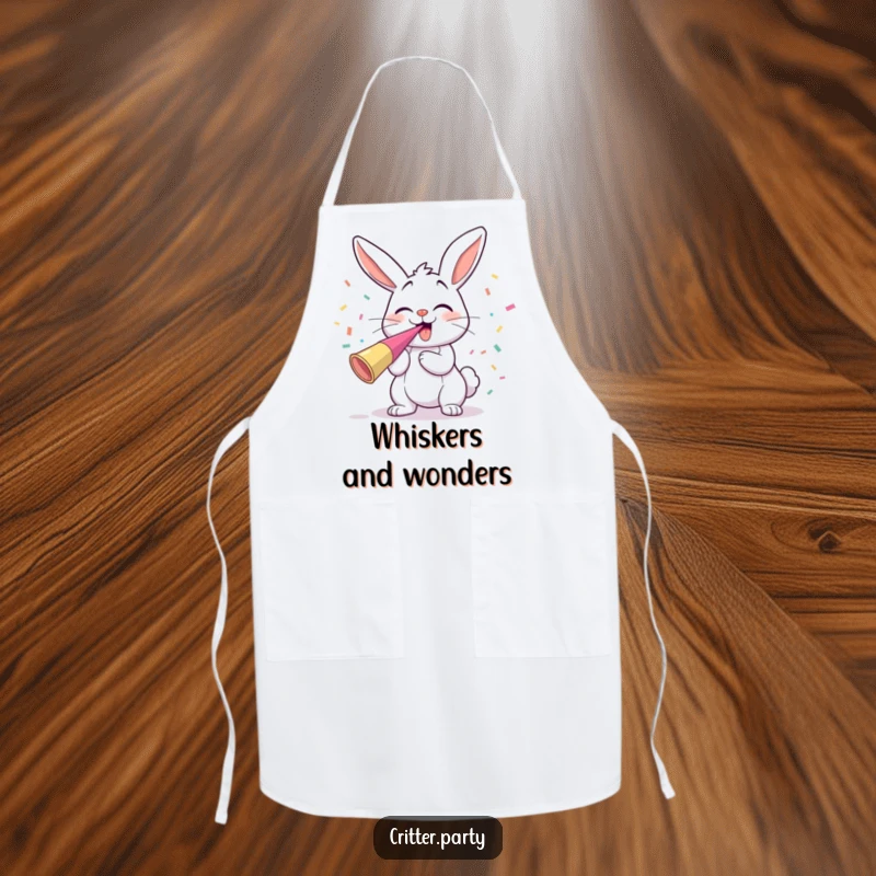 Funny giggling bunny blowing a party horn with confetti flying, a humorous and practical apron.