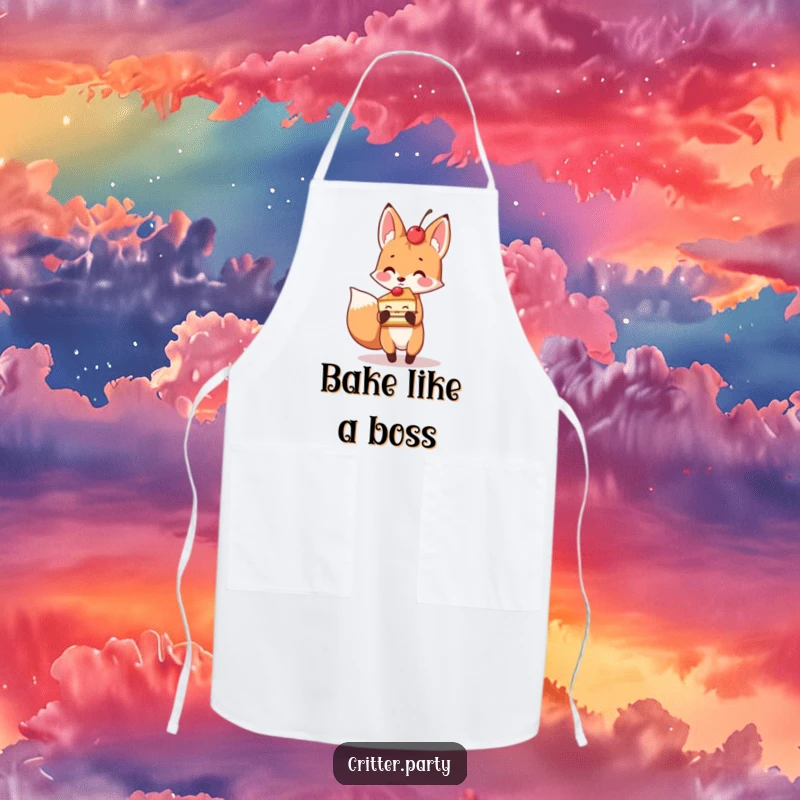 Playful fox holding a slice of cake with a cherry on top, a humorous and practical apron.