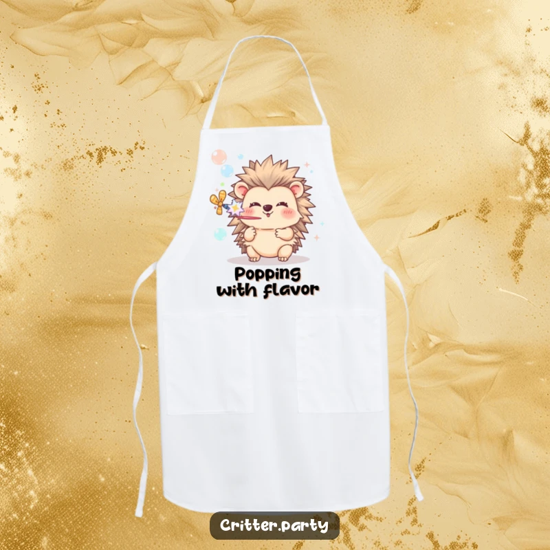 Funny Hedgehog Apron: A cheerful hedgehog character uses a party popper to blow a stream of bubbles, adding kitchen fun.