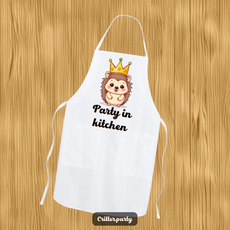 Funny Apron: Happy hedgehog character wearing a festive party crown, for kitchen celebrations.