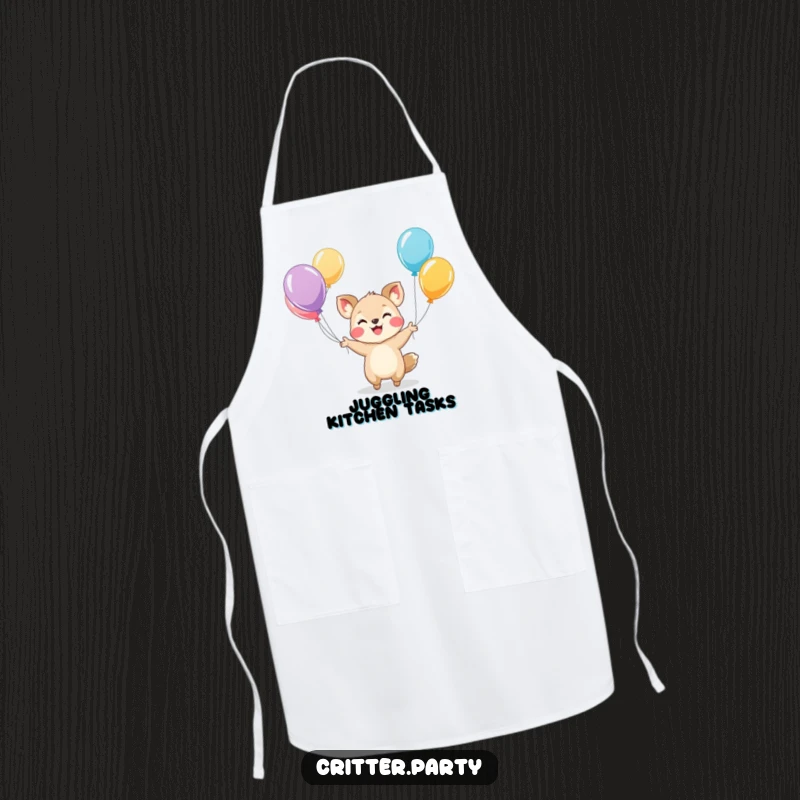 Funny apron with a tiny, smiling animal character adeptly juggling colorful balloons, ready for a fun kitchen experience.