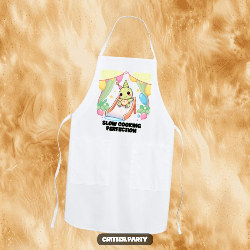 Funny Kawaii turtle happily sliding down a party slide while wearing this apron, adding humor to meal prep.