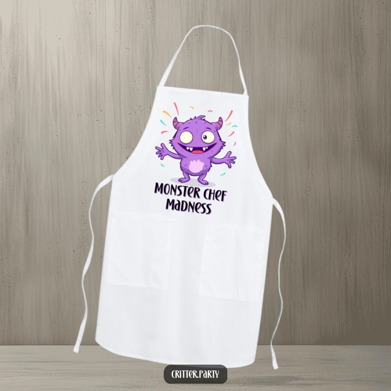 Funny purple monster apron with multiple eyes, dancing with streamers while cooking, adding a quirky and festive touch, perfect for a funny gift.