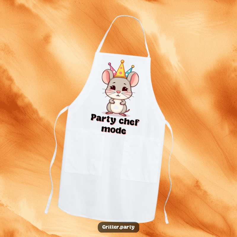 Funny Apron: A small, determined mouse balances a stack of tiny party hats on its nose, ideal for a fun kitchen.