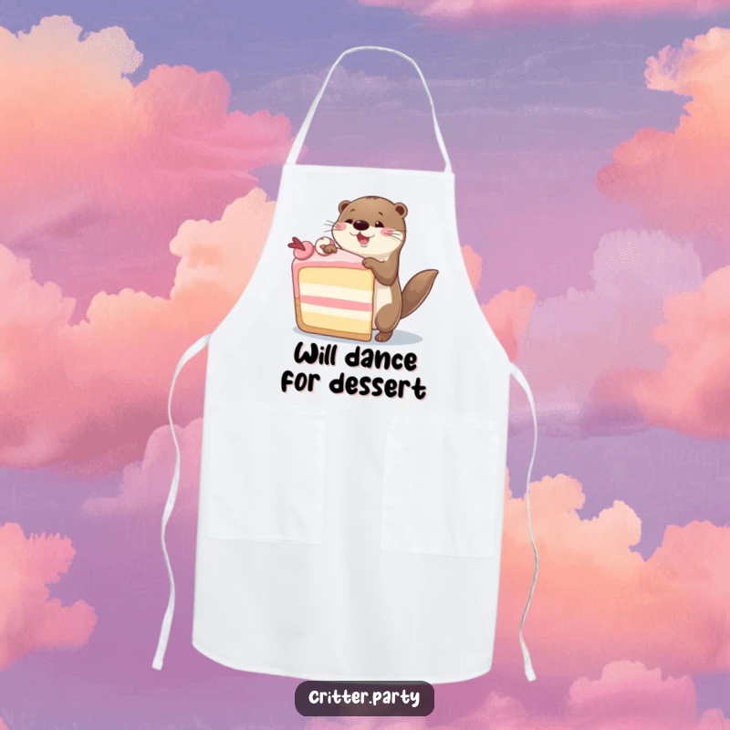 Funny Otter Apron: A happy otter in mid-dance around a giant cake slice, ready to add kitchen cheer and humor.