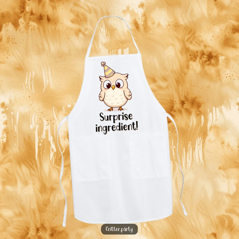 Funny owl apron featuring a tiny, surprised owl character in a tipping party hat, making kitchen tasks more humorous.