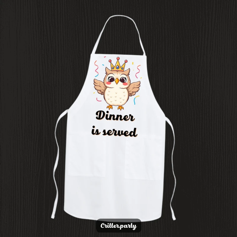 Thrilled owl wearing a festive crown with streamers, a humorous and practical apron.