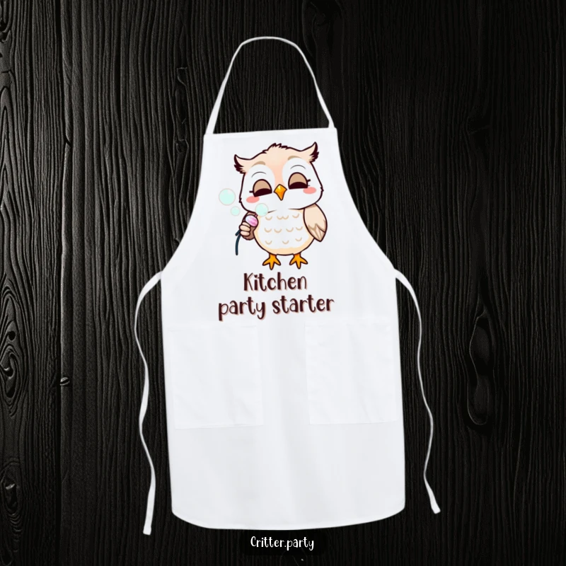 Funny apron with a smiling owl blowing bubbles from a party popper, perfect for a whimsical cook or baker.