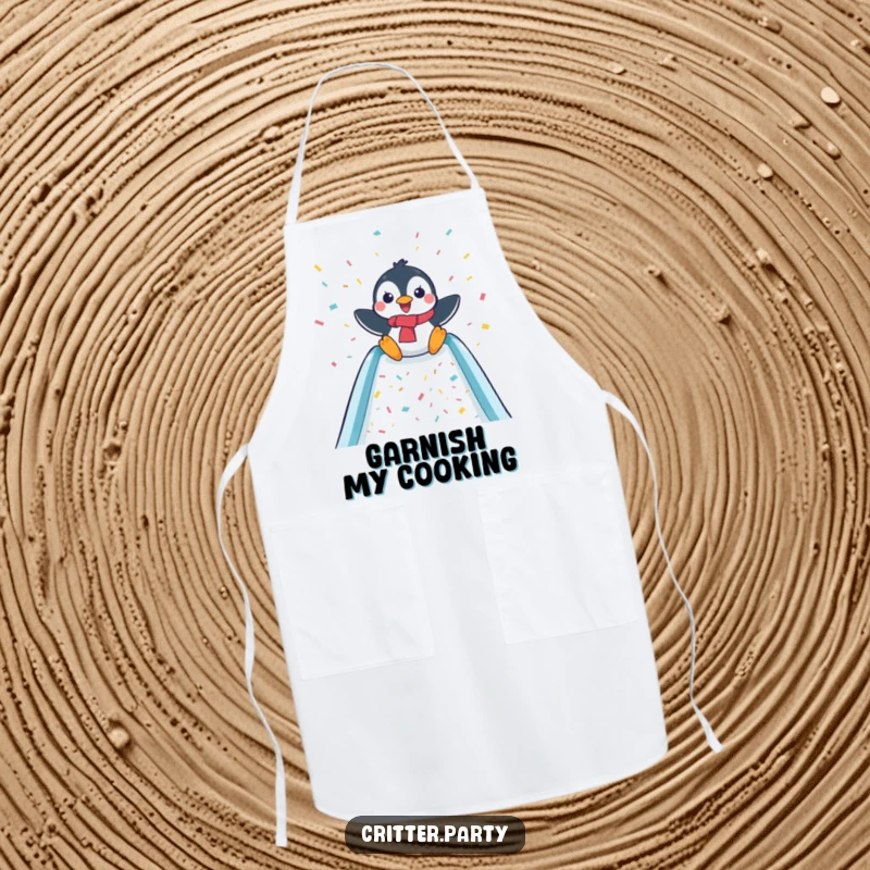 Funny kitchen apron with a delighted penguin sliding down a confetti-covered slide, adding fun to cooking tasks.
