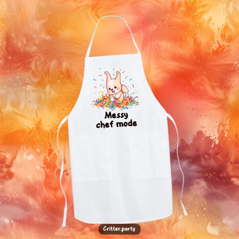 Funny Apron: A playful puppy character attempts a somersault in a pile of colorful streamers, ideal for a fun kitchen.