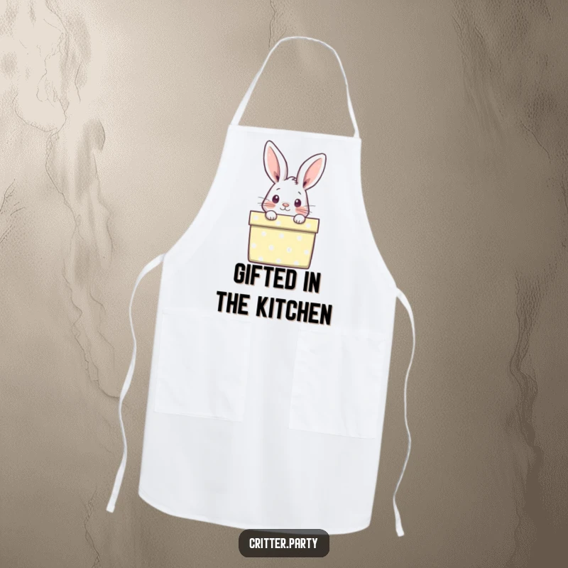 Funny apron featuring a curious rabbit peeking out from a brightly wrapped gift box, for a charming and humorous cooking experience.