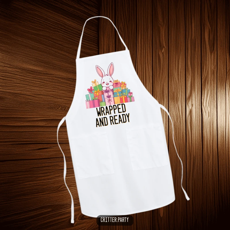 Funny rabbit present apron showing a delighted rabbit character peeking from behind a giant pile of presents, ideal for holiday cooking.