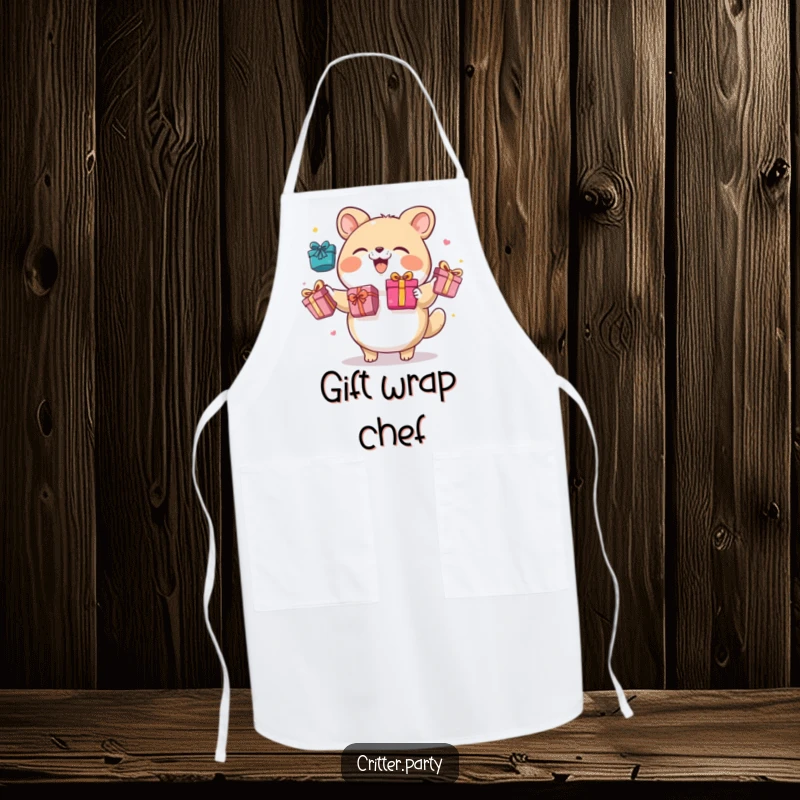 Funny apron with a round animal character giggling while juggling brightly colored gift boxes, perfect for a festive cook.