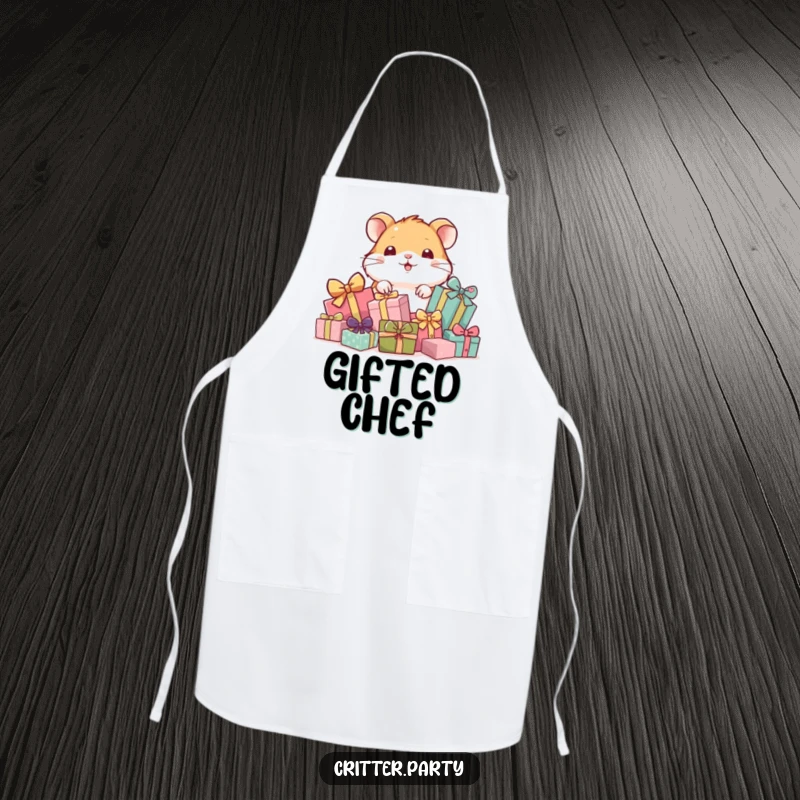 Funny kitchen apron with a playful hamster peeking from behind a pile of gifts, perfect for cooks and bakers.