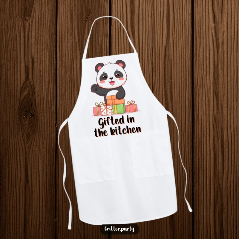 Funny apron featuring a joyful panda character waving from behind a stack of presents, perfect for a cheerful cook.