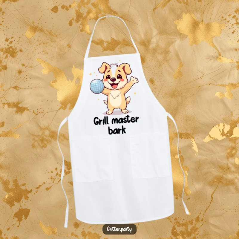 Funny dog character dancing with a disco ball, a humorous and practical apron for the kitchen.