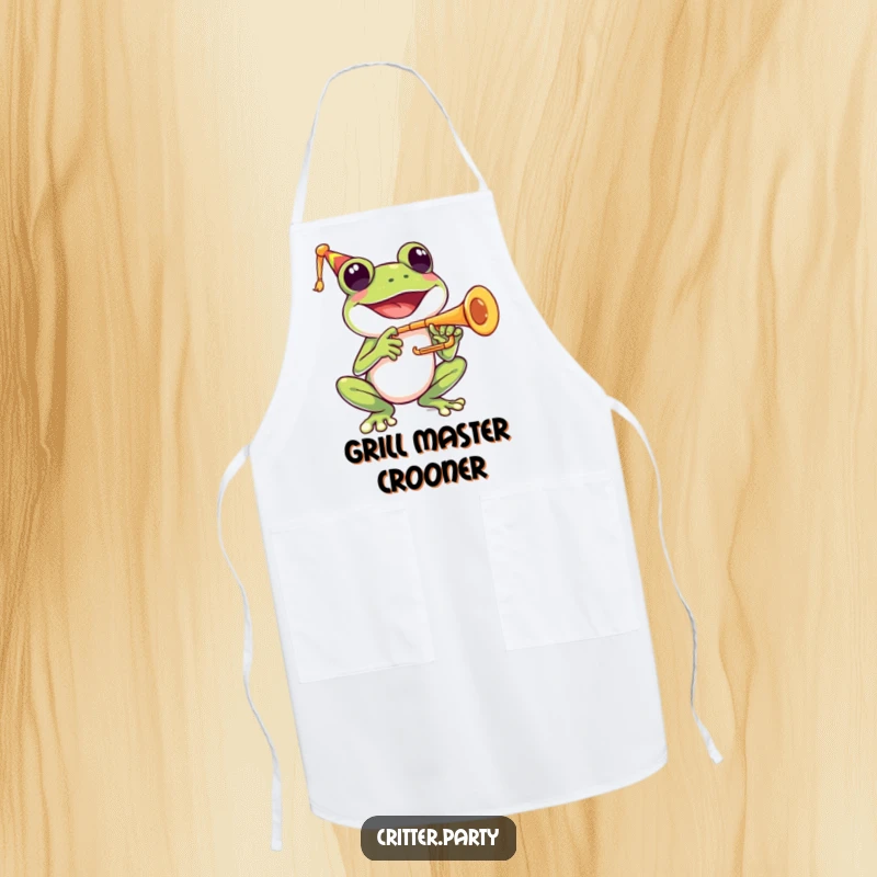 Funny apron featuring a happy frog character joyfully playing a tiny trumpet with a wide smile.