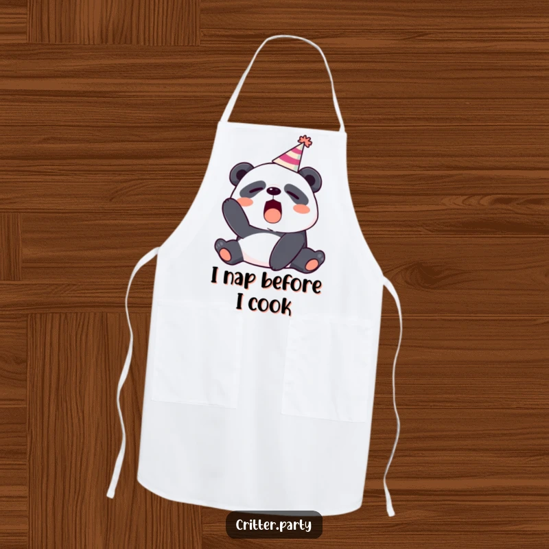 Funny cooking apron featuring a sleepy panda wearing a party hat and yawning, perfect for kitchen fun.