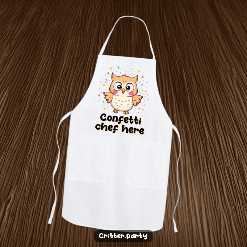 Funny kawaii owl character reacting to a confetti explosion while wearing a chef hat, on a fun apron, a great funny gift.