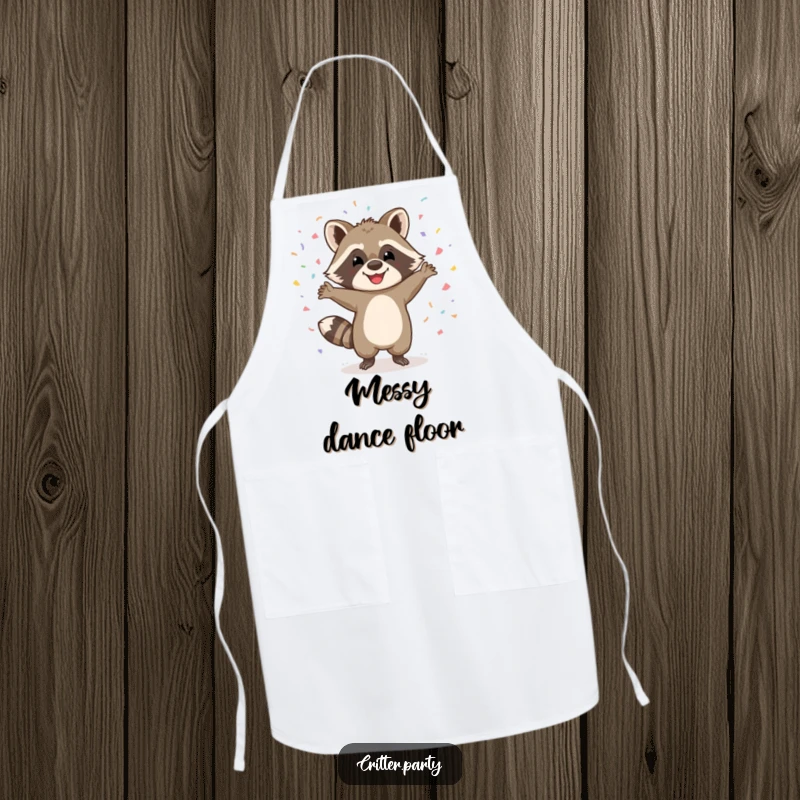Funny apron featuring a happy raccoon character dancing wildly with confetti falling, perfect for kitchen fun and protecting clothes.