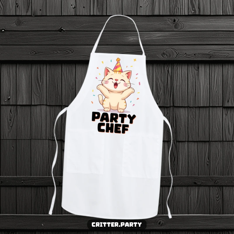 Funny apron featuring an excited cat wearing a party hat, joyfully tossing confetti.