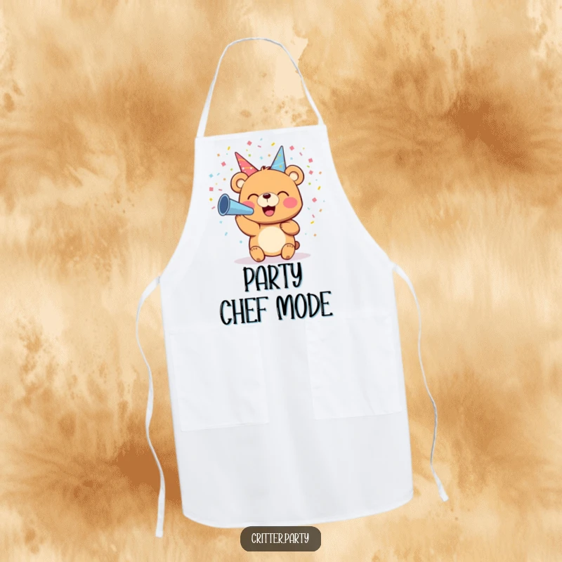 Funny apron with a small bear character joyfully blowing colorful confetti from a party horn, perfect for a festive cook.