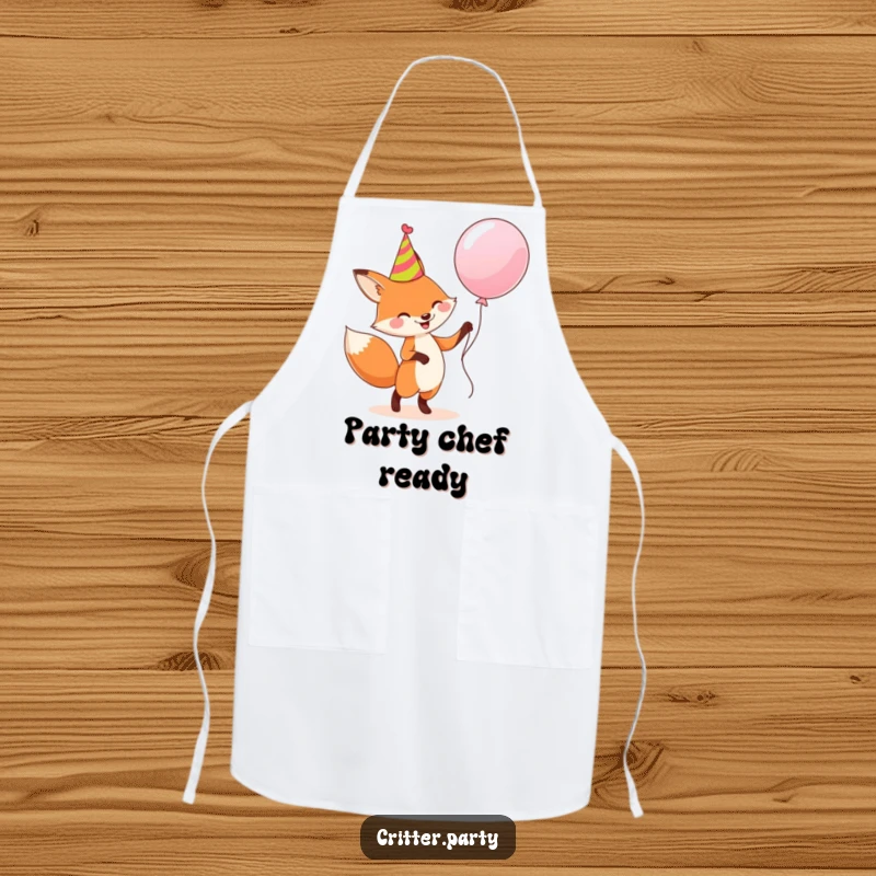 Funny apron: A happy fox wearing a party hat, dancing with a large balloon, perfect for a humorous cook.