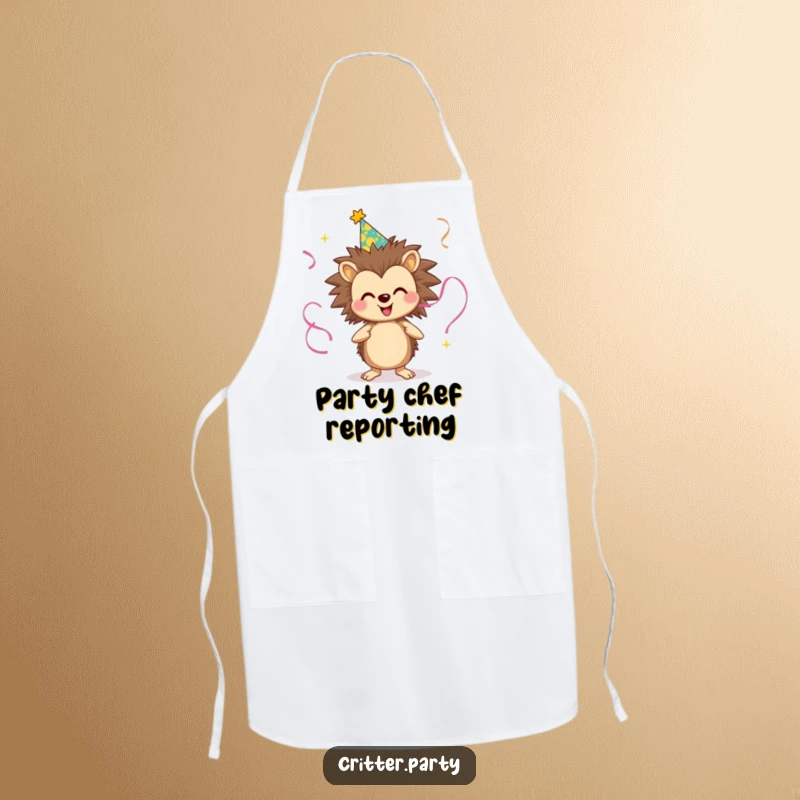 Funny apron featuring a smiling hedgehog wearing a party hat and juggling streamers, perfect for kitchen festivities and protecting clothes.