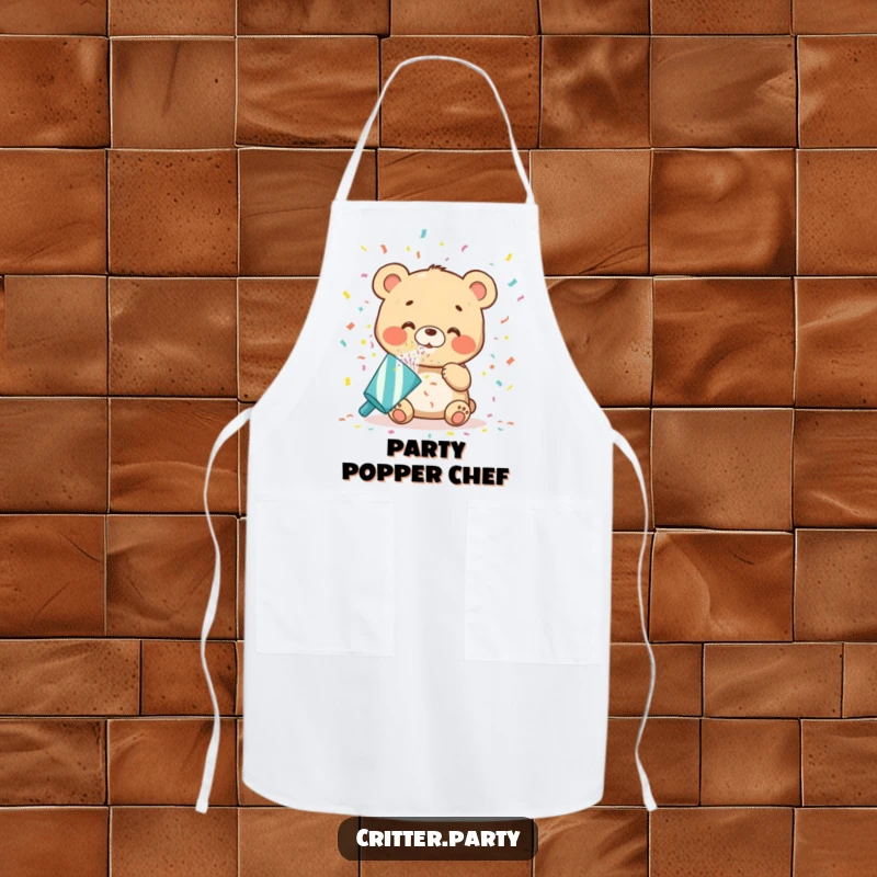 Funny bear cub apron in action, blowing oversized confetti from a party popper while cooking, adding a cheerful and festive touch, perfect for a funny gift.