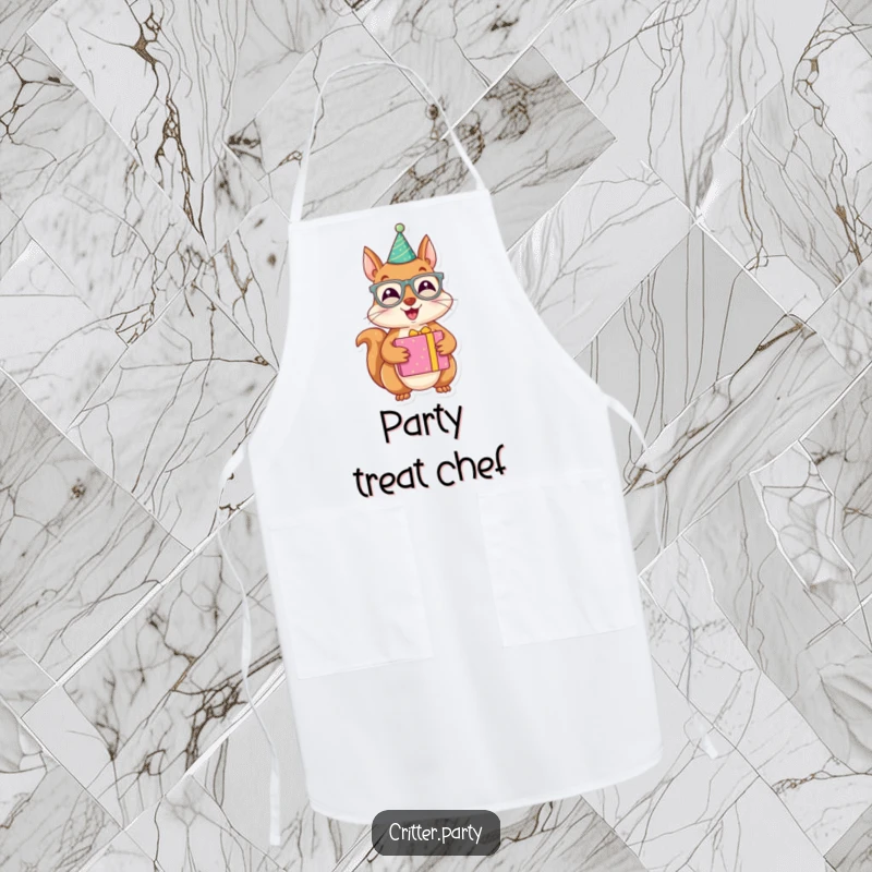 Funny apron featuring a joyous squirrel character wearing party glasses and holding a brightly wrapped present, perfect for a festive cook.