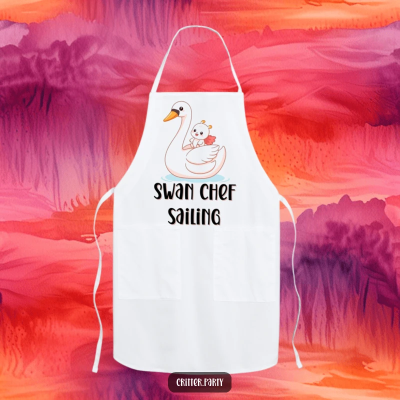 Funny apron featuring a small critter gleefully riding a giant inflatable swan, ready for a fun kitchen escapade.