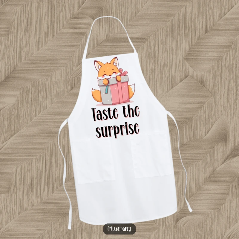 Funny kawaii fox playfully unwrapping a giant gift box, a practical and charming apron for kitchen festivities.