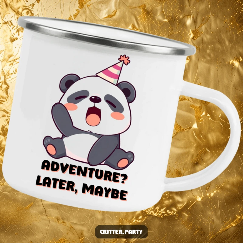 Durable camping mug featuring a funny sleepy panda wearing a party hat and yawning before the campfire.