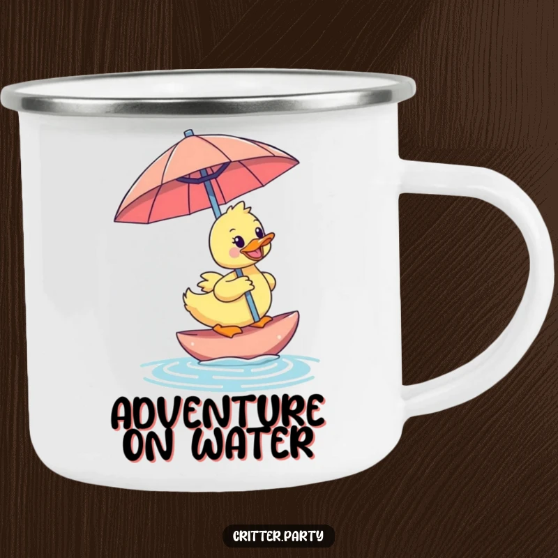 Funny duckling camping mug with a happy duckling riding an oversized cocktail umbrella, great for outdoor adventures and tropical humor.