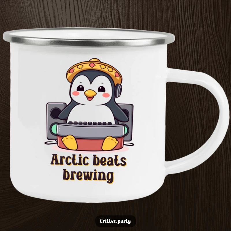 Funny camping mug featuring a penguin DJ with a sombrero sliding on a booth, ideal for outdoor music lovers.
