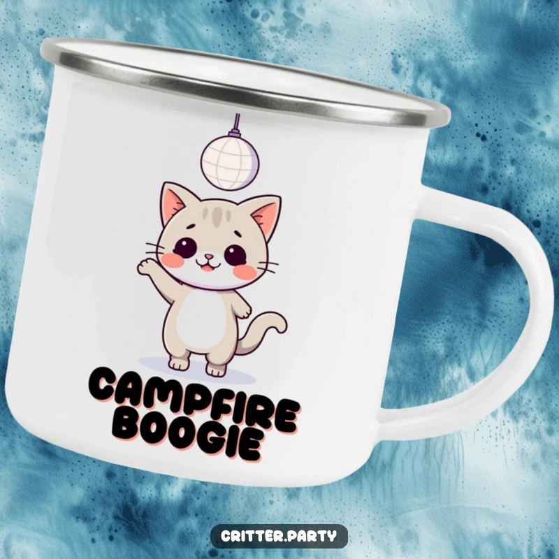 Funny kawaii cat dancing under a disco ball, a durable mug for outdoor parties and dance enthusiasts.
