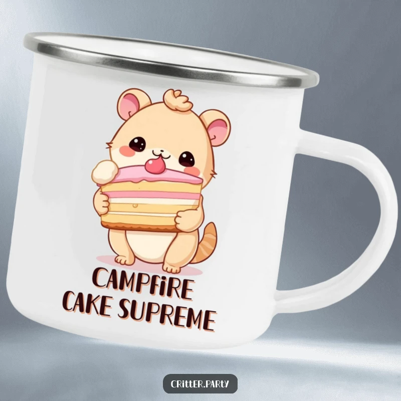 Funny camping mug with a cute critter ecstatically holding an enormous slice of cake, perfect for sweet breaks outdoors.