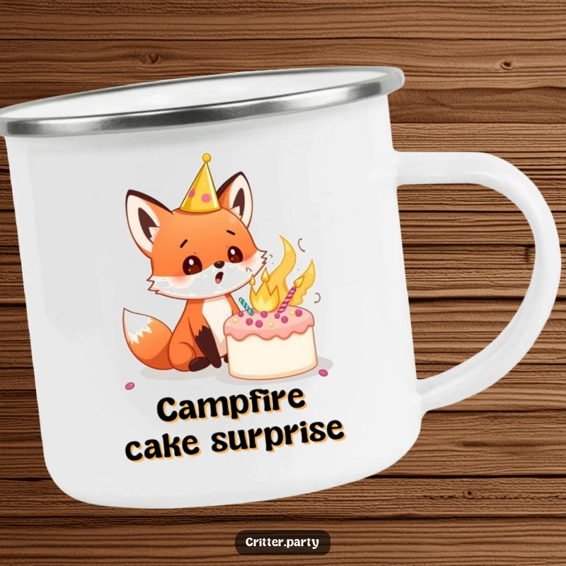 Funny red fox cub camping mug with a party crown, surprised by an exploding cake, perfect for outdoor fun and unexpected delights, great for a gift.