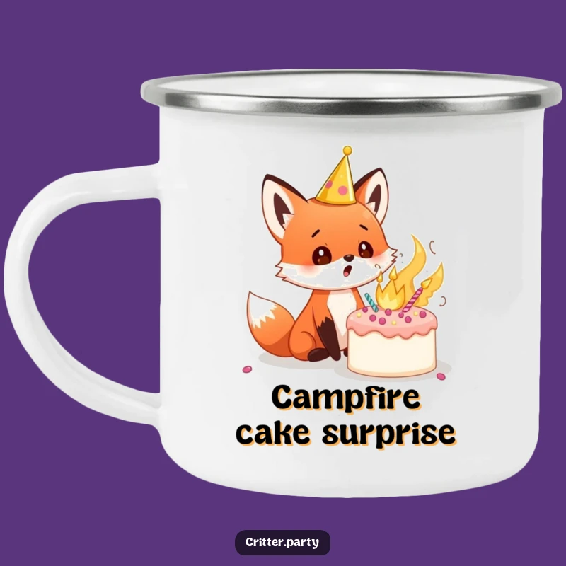 Funny Fox Cub Camping Mug: Enjoy Surprises with This Exploding Cake Design