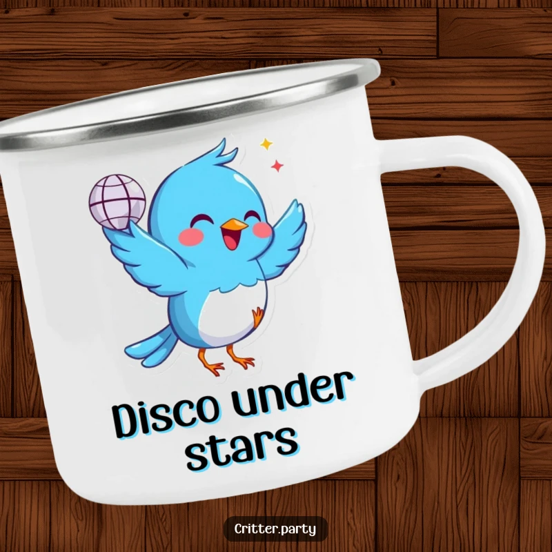 Funny blue bird camping mug holding a tiny disco ball, dancing with joy, perfect for outdoor fun and a party spirit, great for a gift.