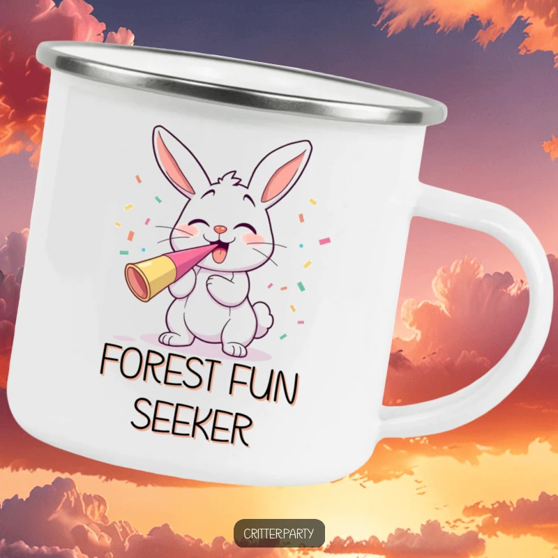 Funny giggling bunny blowing a party horn with confetti flying, a durable camping mug for outdoor fun.