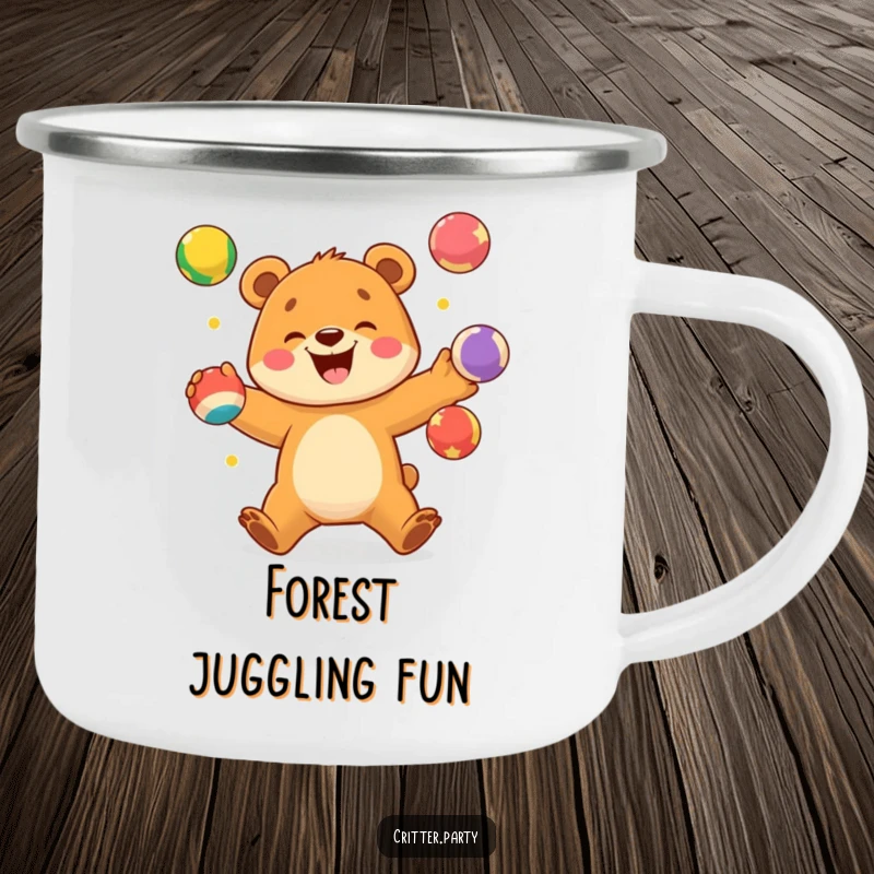 Funny camping mug with an excited bear cub juggling colorful balls with a wide smile, for outdoor joy.